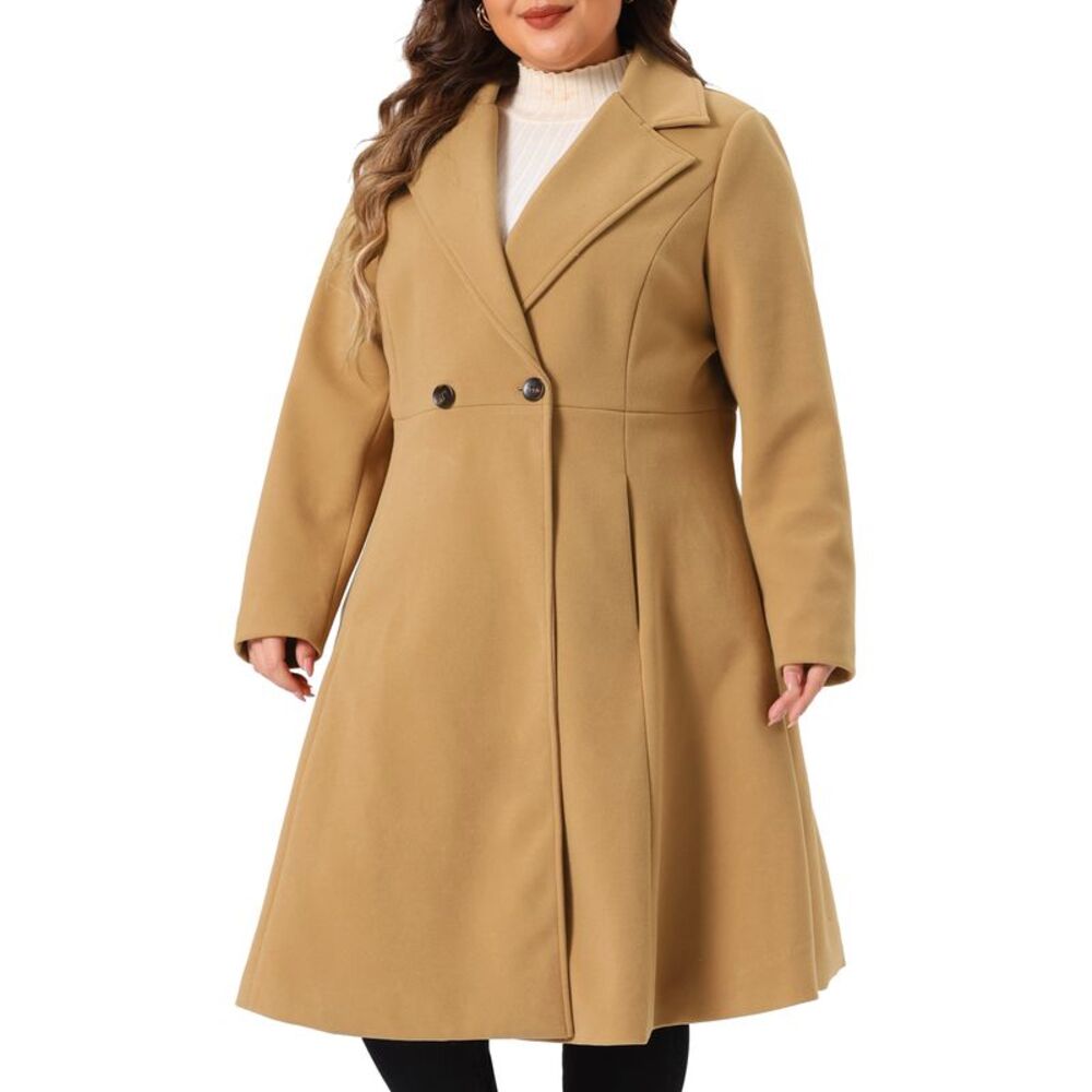 Plus Size A Line with Pockets Winter Trench Long Coats Camel - Picture 2 of 6